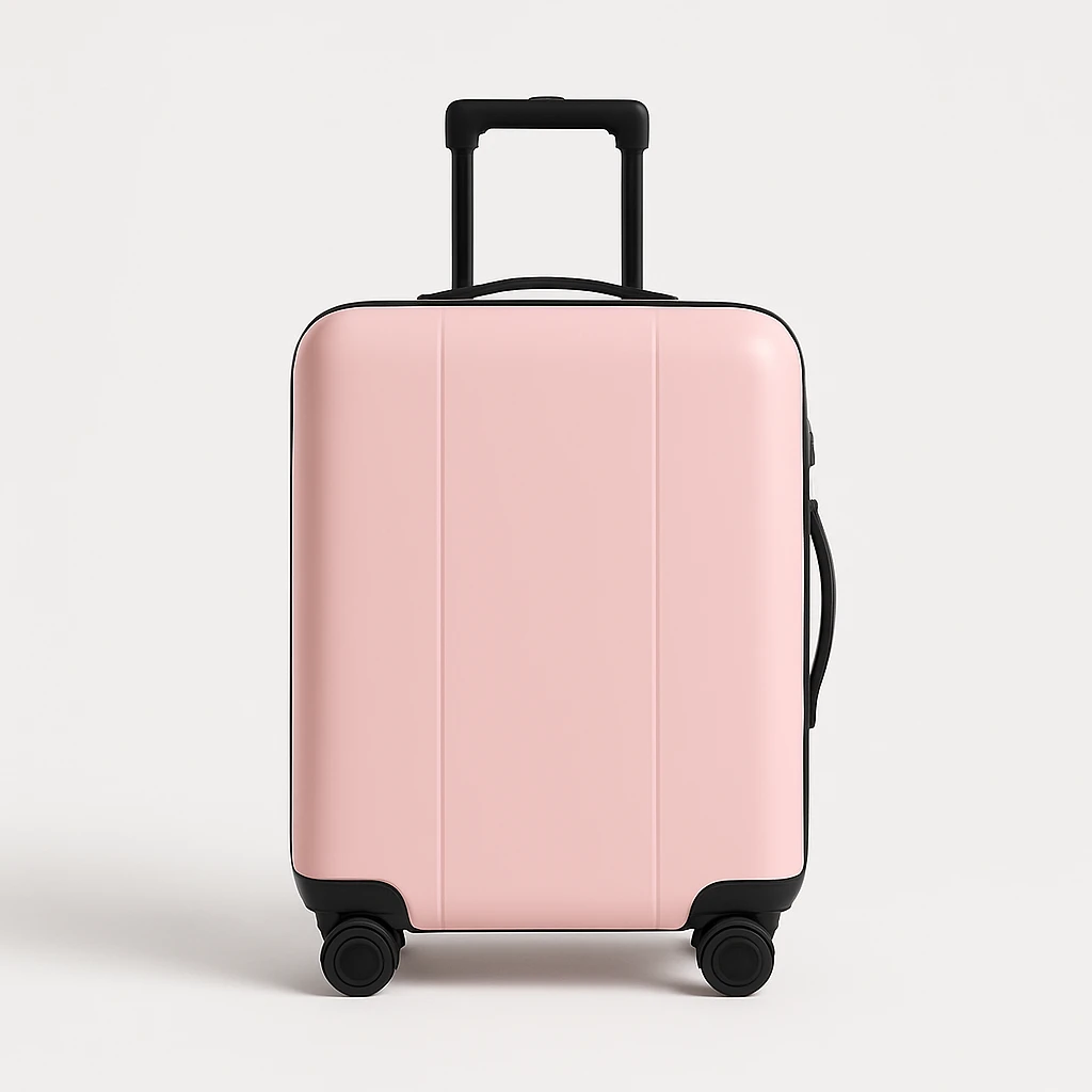 minimal pink and black suitcase on white background, no text emoji