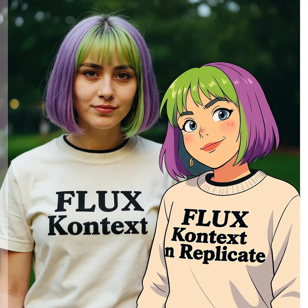 make a image of a girl with a anime version of that girl beside her wearing tshirt with text of "FLUX Kontext" emoji
