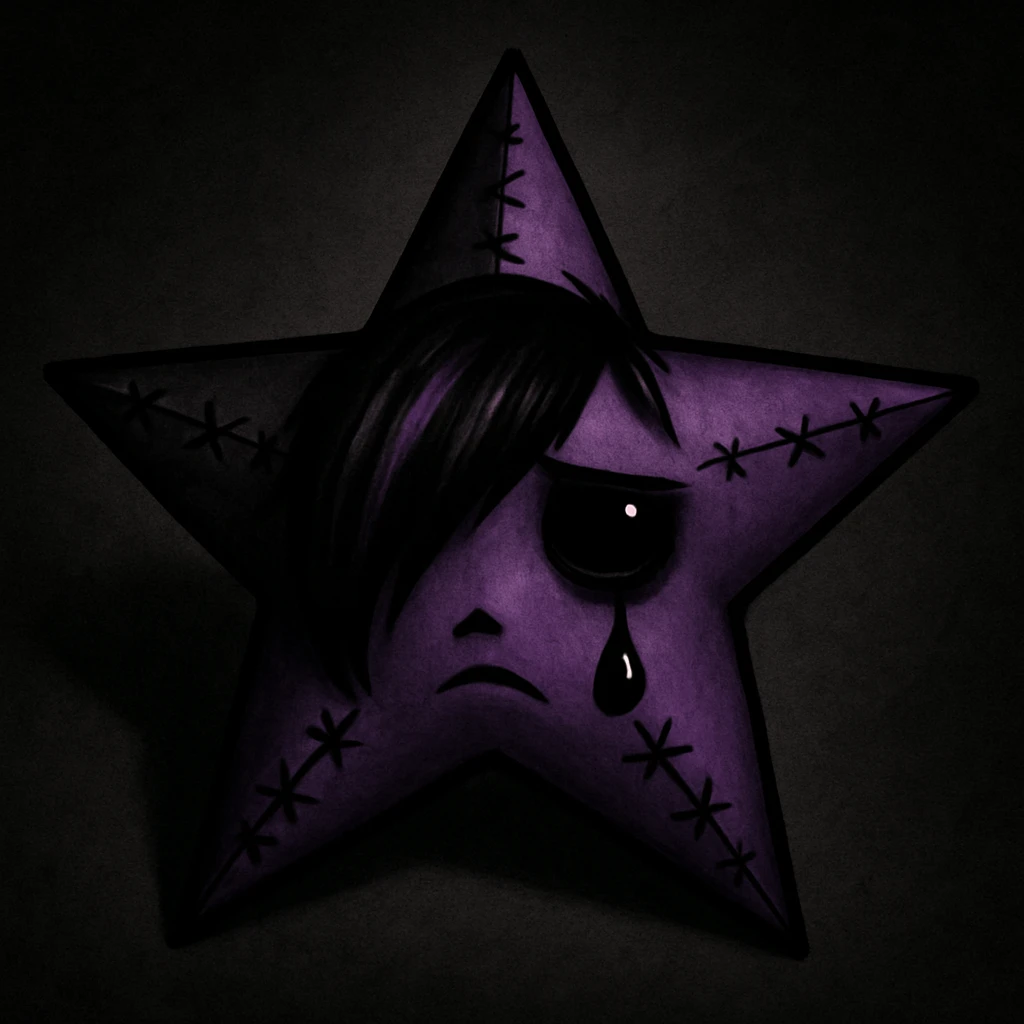 emo star in black and purple, stitched, teardrop, dramatic shadows emoji