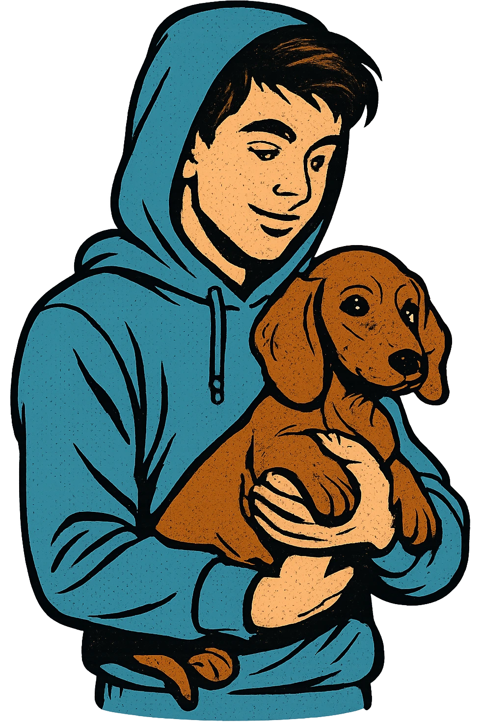 A modern day teenager wearing a blue hoodie with a puppy dachshund emoji