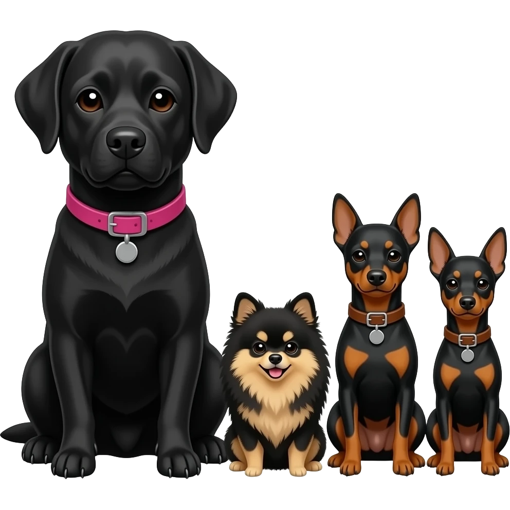 Large OLDER black lab with pink collar and small black and tan pomeranian together with TwO black and tan miniature pinchers that are 3 inches taller than the pom with brown collars emoji