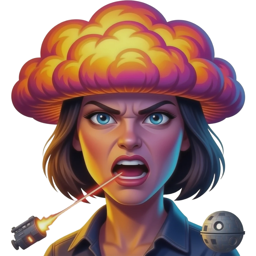 Angry te ka, furious female face, Death Star laser cannon beam, giant explosion mushroom cloud, neon glow, dramatic lighting, emoji style, vibrant colors emoji