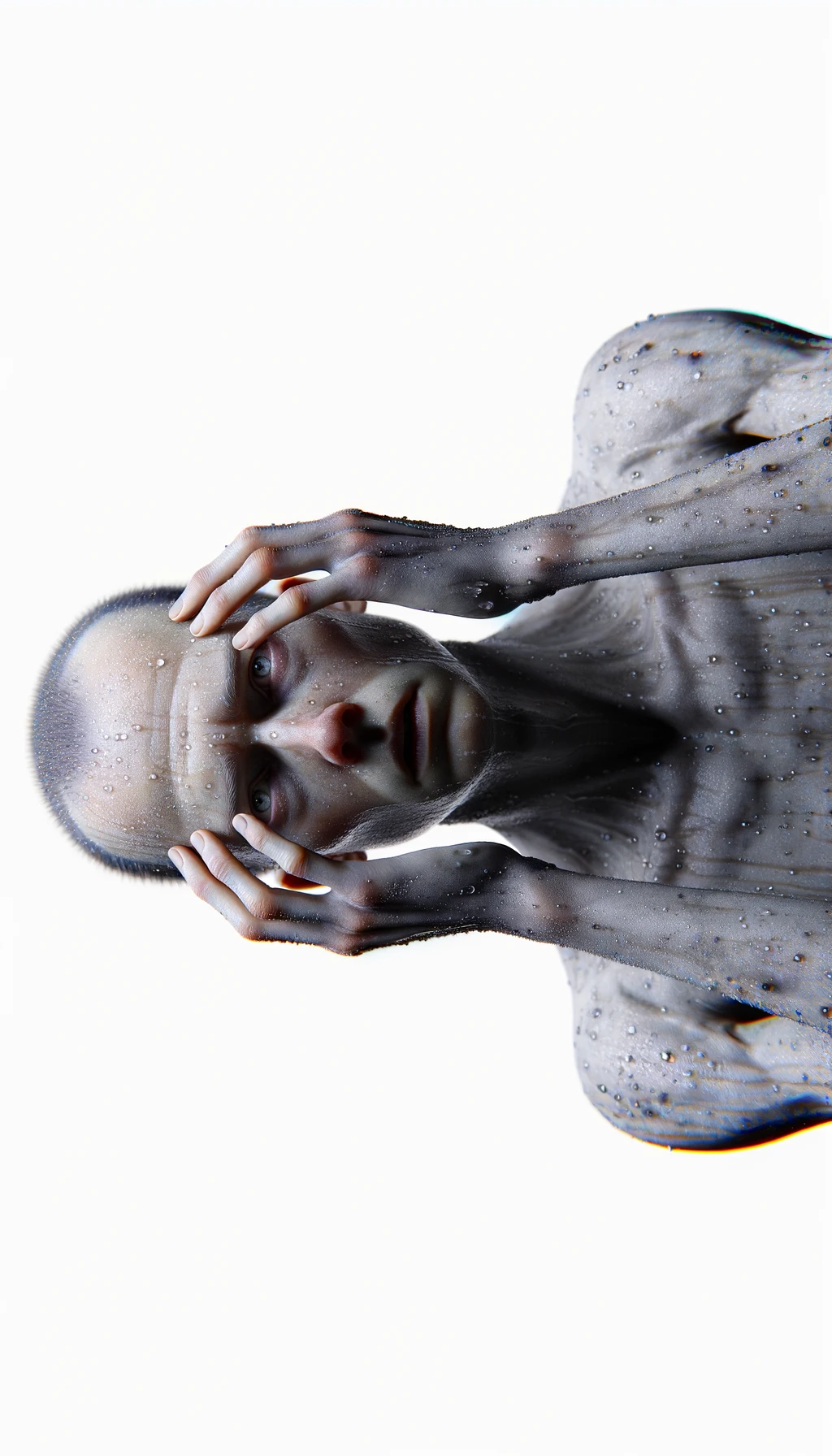 CORPO UMANO ANATOMICO REALISTICO DISPERATO, POSA FRONTALE,  SI TIENE LE MANI SULLA FRONTE E NON SA COSA FARE, SUDATO, IPERREALISTICO 4K, SFONDO BIANCO emoji