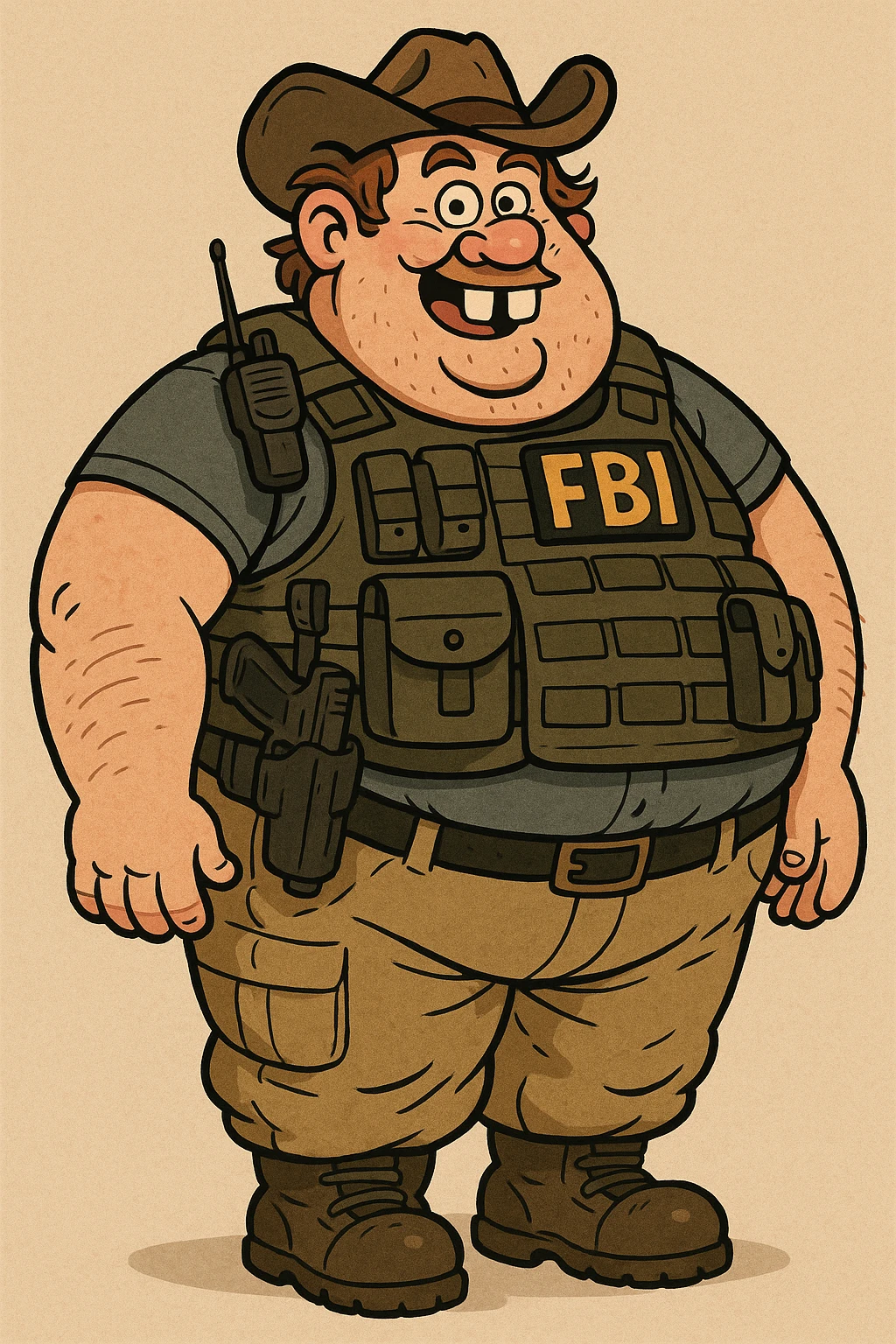 A big, overweight federal agent with a tight vest packed with tactical gear, prominent buck teeth, and a comical hillbilly appearance, cartoonish style emoji