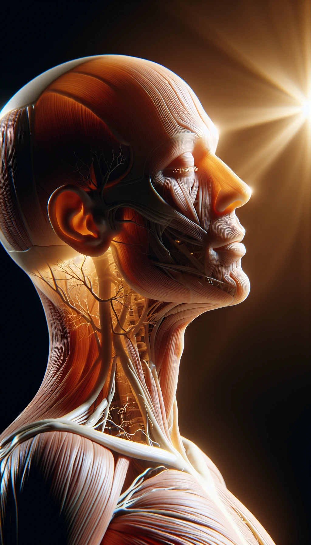 un corpo umano anatomico è illuminato dalla luce del sole e ha gli occhi chiusi in un espressione serena, l'immagine rappresenta l'importanza del sole e i suoi benefici sul corpo umano, iperrealistico 4k emoji