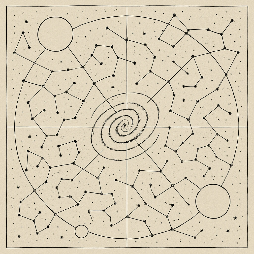 a design for an decorative black and white star map, showing linework of galactic spheres and a constellated ley lines. matrix map. black linework. neat and minimal design, showing expanse and hazards deep into space beyond the galactic core

 emoji
