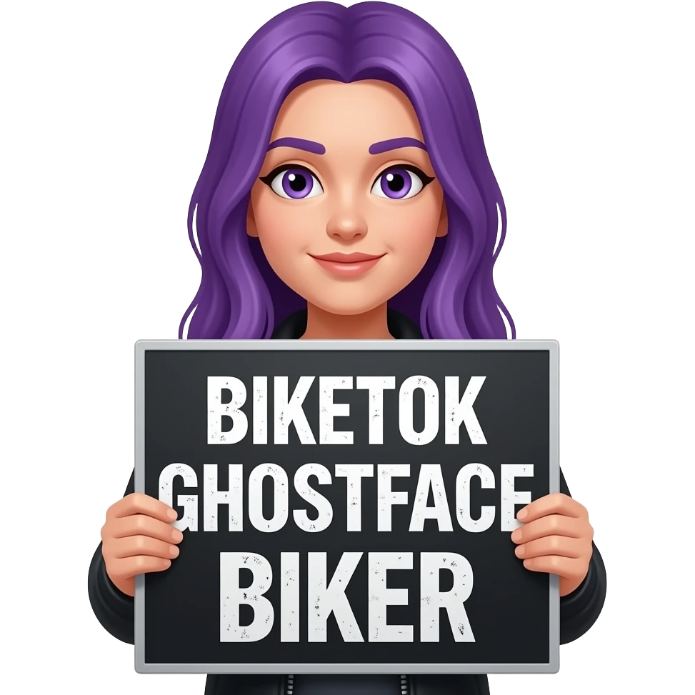 girl with long purple hair with a BIKETOK GHOSTFACE BIKER sign emoji