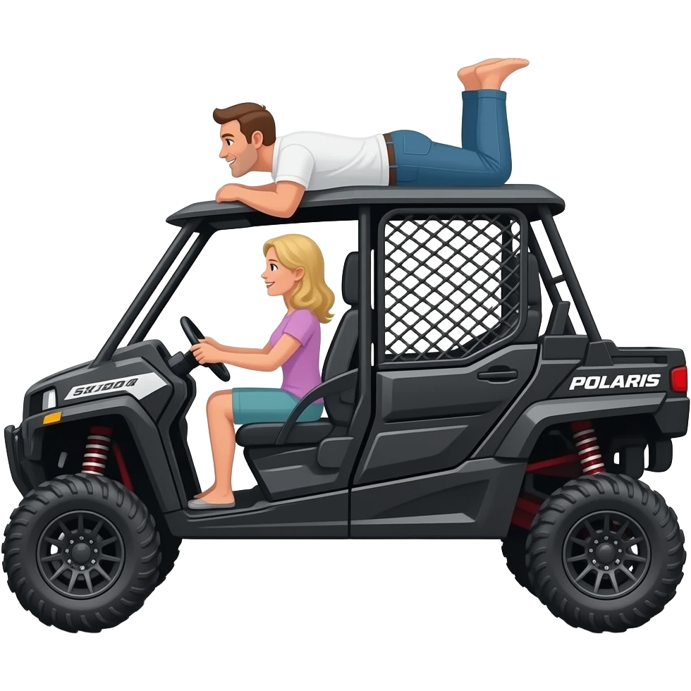 Black side view 4 door (instead of door use nets )  Polaris ranger sxs  lifted super high with mom (blonde) and driving  and dad laying on top of roof  on his belly playing emoji