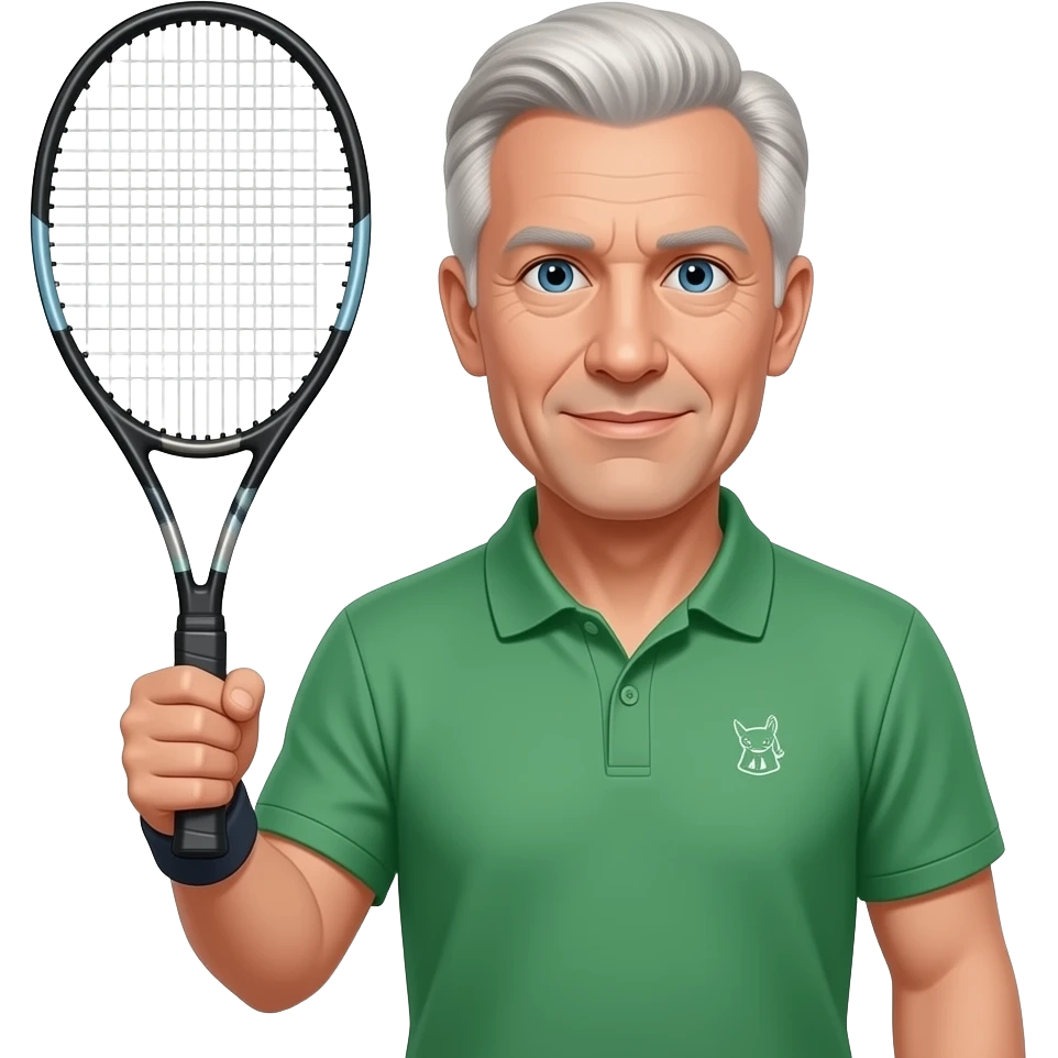 older man, tennis racket in right hand, green bottle polo with small animal logo, blue eyes, lite hair all over emoji