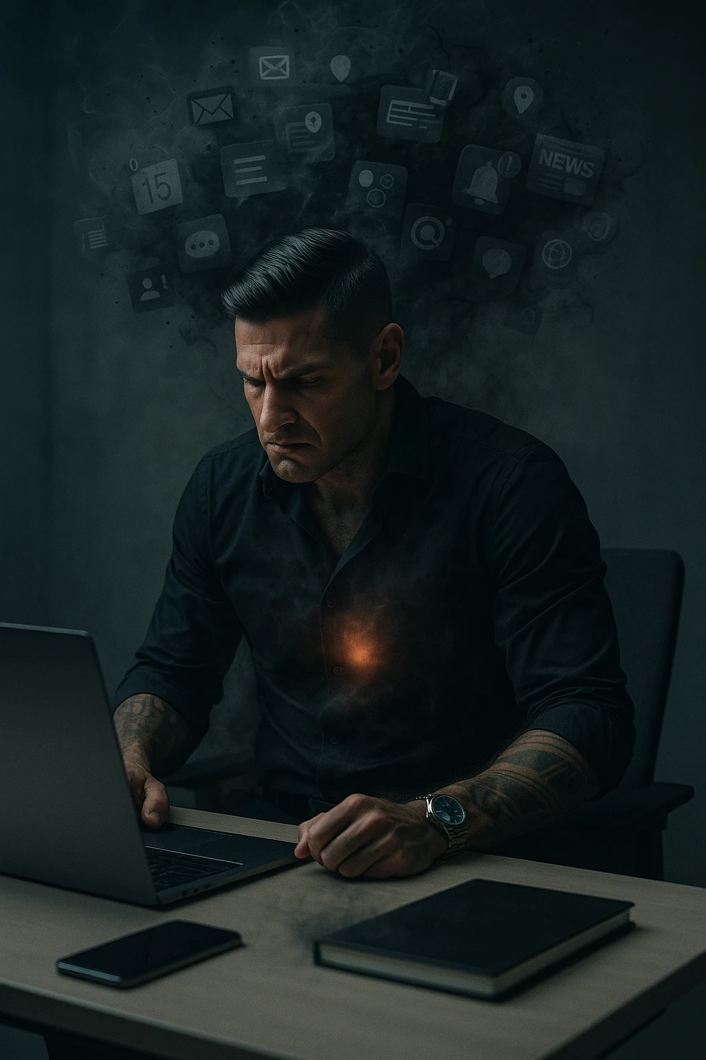 A highly realistic, cinematic image of a young man in his early 30s, sitting at a modern office desk under harsh artificial lighting, shoulders hunched, jaw clenched, and breathing shallowly, symbolizing how modern society forces people to live in a state of chronic tension and restricted breathing. Around him, faint black and grey visual elements represent notifications, deadlines, social media icons, and news alerts, swirling around his head like a chaotic storm, symbolizing societal pressure. His chest appears visually tight and compressed, and faint dark smoke emanates from his body, representing blocked breath and internalized stress. In contrast, a faint glowing light near his chest and abdomen tries to expand, symbolizing the innate desire of the body to breathe freely and deeply. The environment is cold and minimalistic, with a sense of stillness and tension, captured in a hyperrealistic 35mm film style with muted colors, focusing on the man's tense posture and restricted breathing to reflect the unseen burden of modern living. emoji