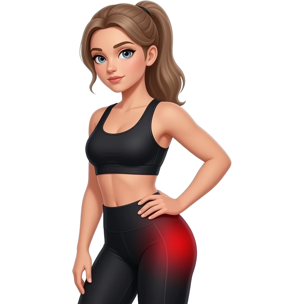 glute pain, full red glow covering the entire glute and hip area, side pose, woman touching hip and glute area, fair-skinned woman, gray-blue eyes, ash brown brows, ash light brown hair tied back, slim athletic body, black workout set emoji