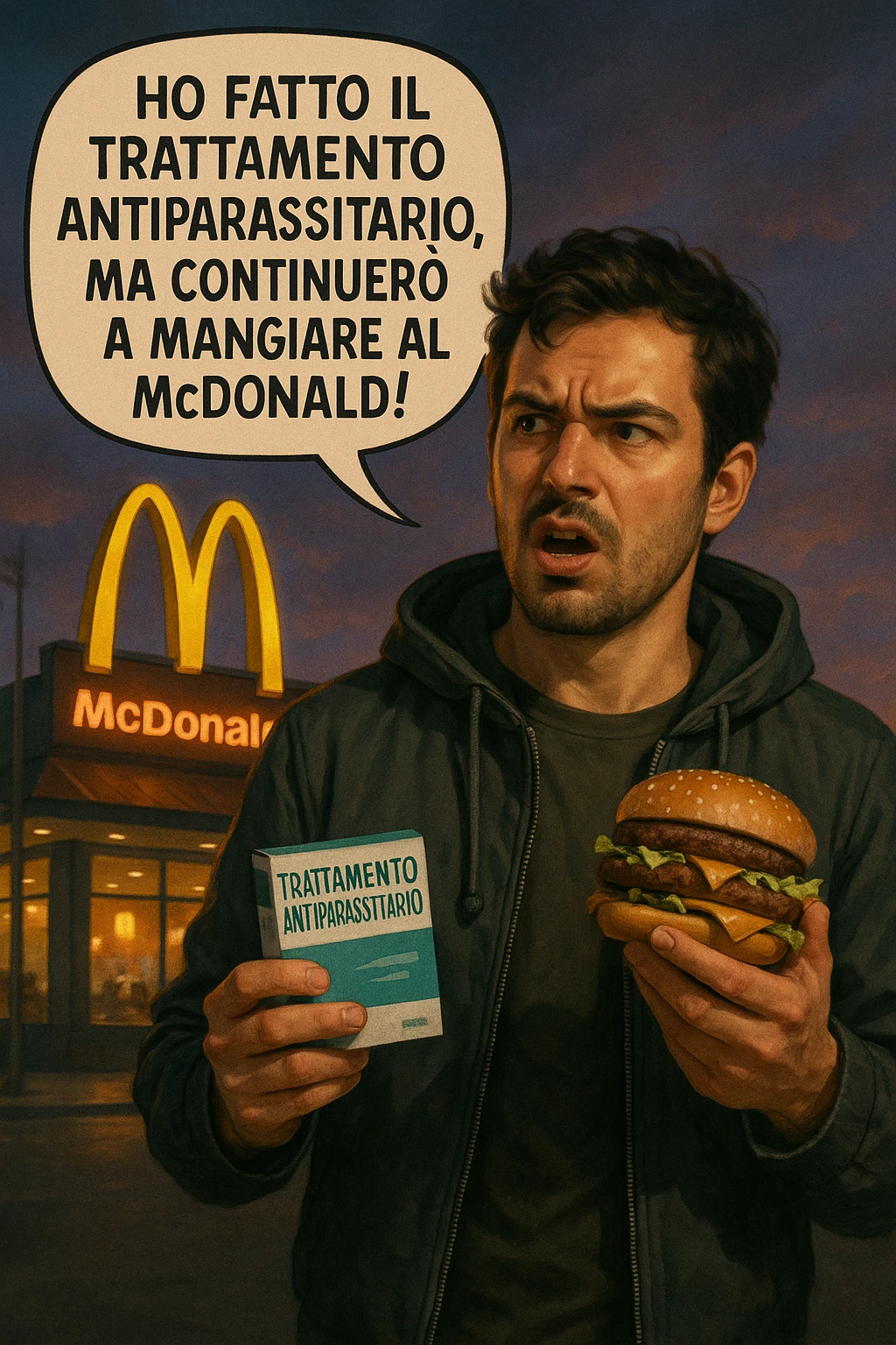 A realistic, cinematic illustration of a man in his early 30s with a confused yet stubborn expression, standing outside a McDonald's at dusk, holding a small box labeled 'Trattamento Antiparassitario' in one hand while holding a large McDonald's burger in the other. He is mid-sentence, saying 'Ho fatto il trattamento antiparassitario, ma continuerò a mangiare al McDonald!' in an expressive speech bubble. The man wears casual streetwear, and behind him, the McDonald's golden arches glow under a neon-lit sky. The mood is ironic and educational, highlighting the contradiction of doing parasite cleanses while continuing unhealthy fast-food habits. The style is realistic with slight illustrative clarity, emphasizing the message humorously while maintaining a serious undertone about lifestyle choices and health in italiano emoji