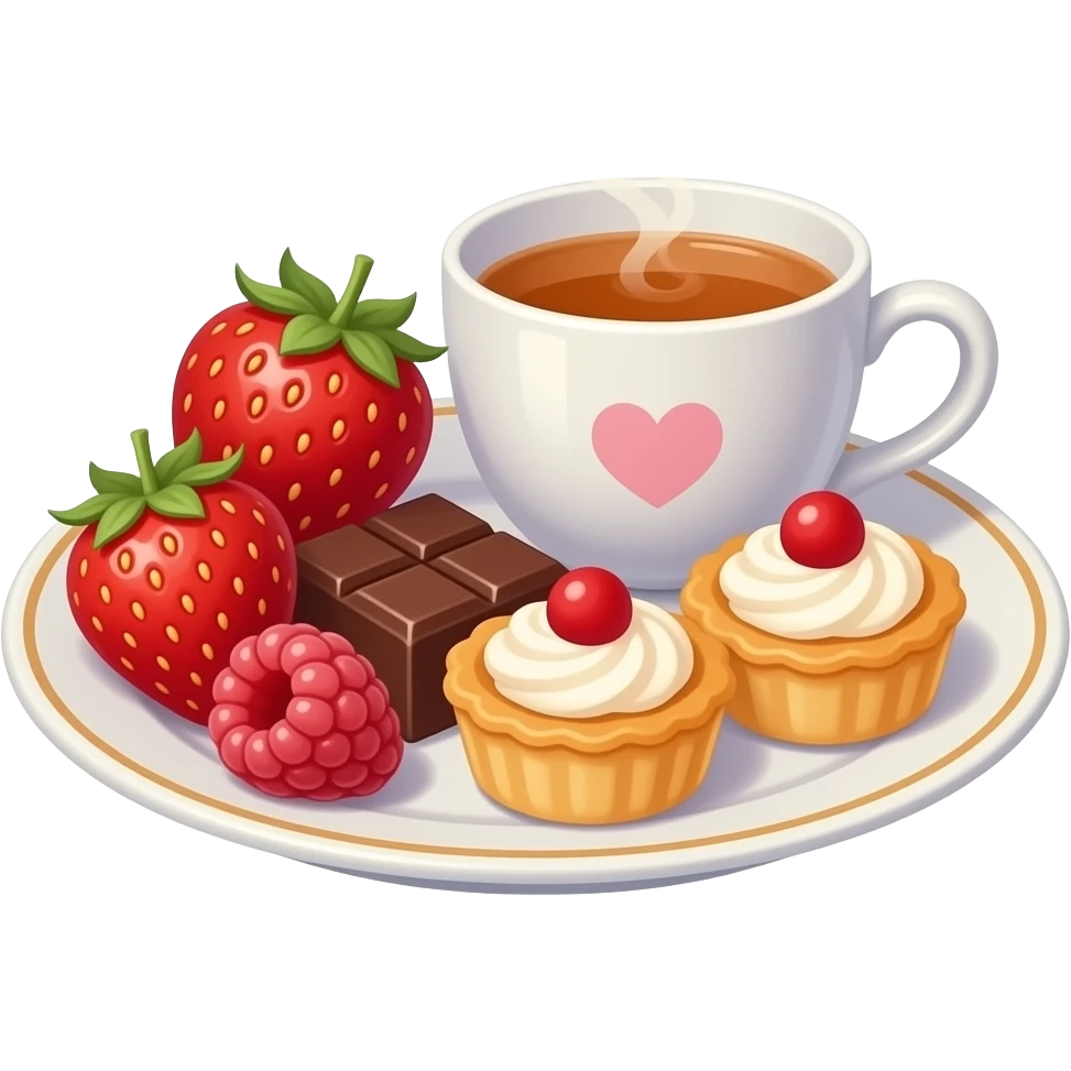 Aesthetic emoji-style illustration of a cozy snack plate for a reader, filled with strawberries, raspberries, chocolate, small pastries, and a cup of tea, soft pastel colors, sparkles, hearts, bookish vibe, minimal background, kawaii emoji style, no characters emoji