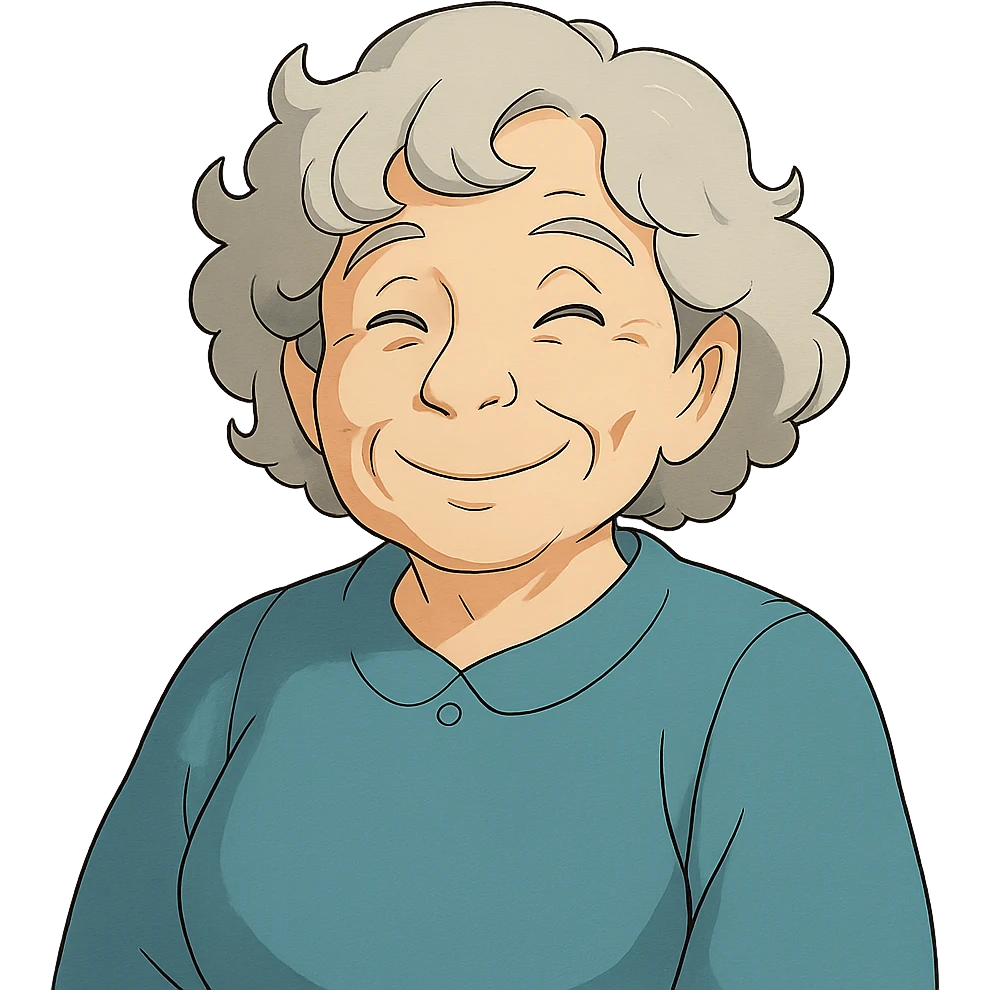ghibli style older lady with silver curly hair smiling emoji
