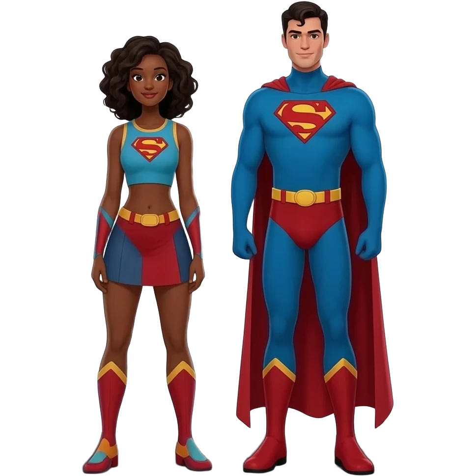 People were superhero caves, a woman and a man next to each other brown skin emoji