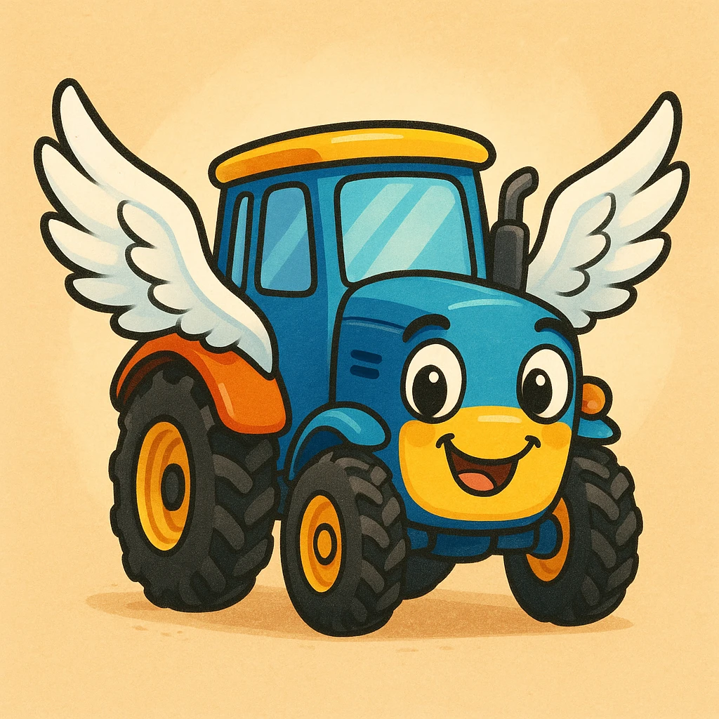 tractor with a smiling face and flying wings, cute cartoon style emoji