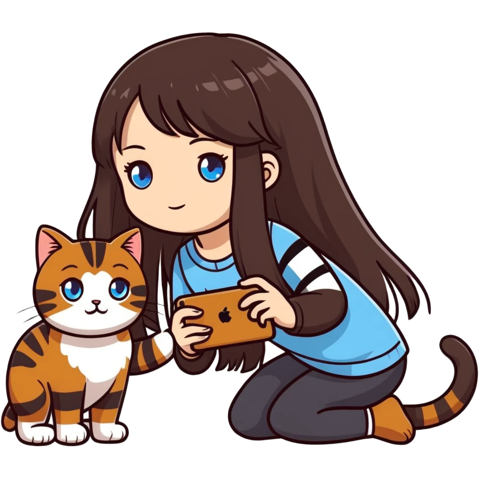 Girl with black long hair and blue eyes takes a picture of a brown striped cat by iPhone  emoji