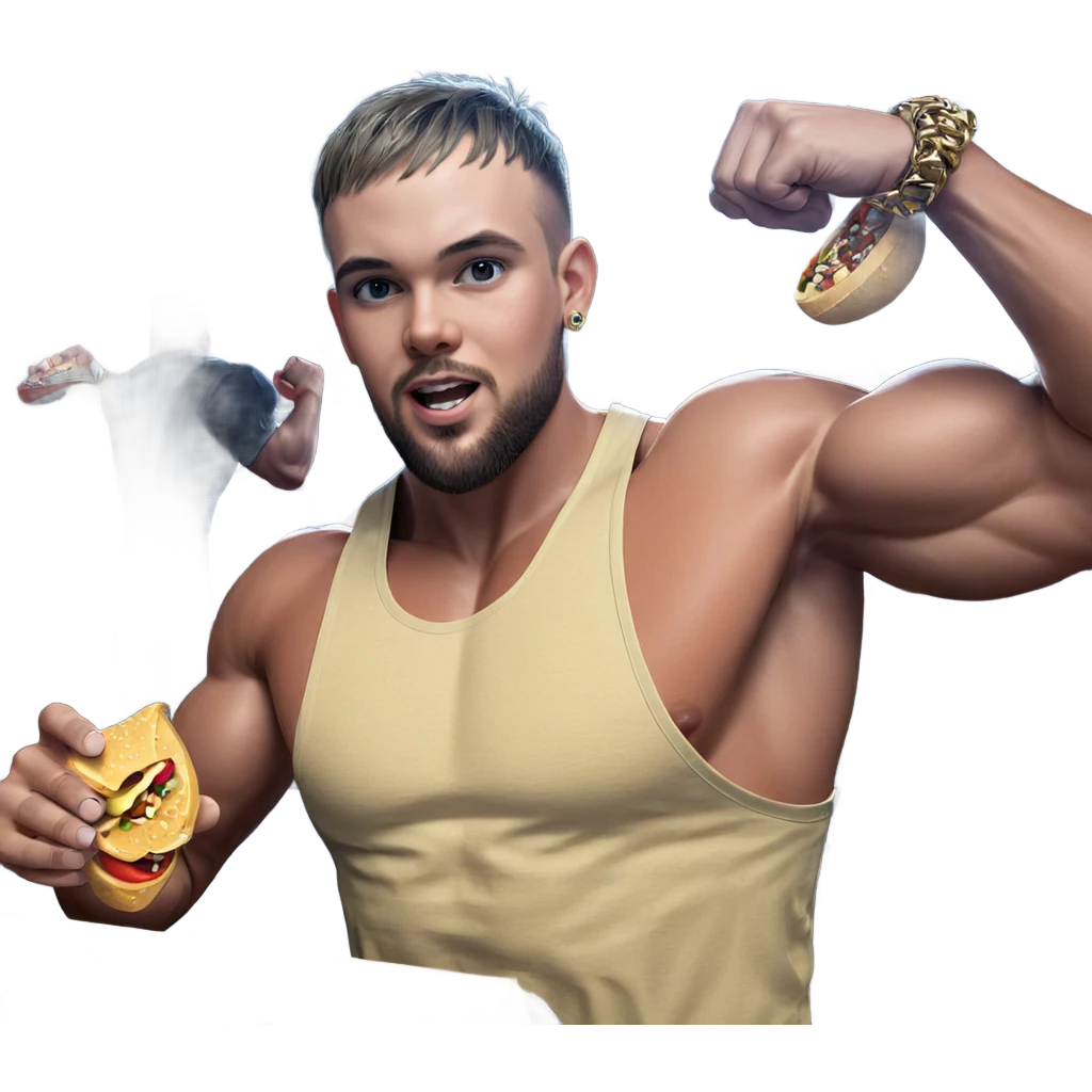 muscular boy with jewelry food emoji
