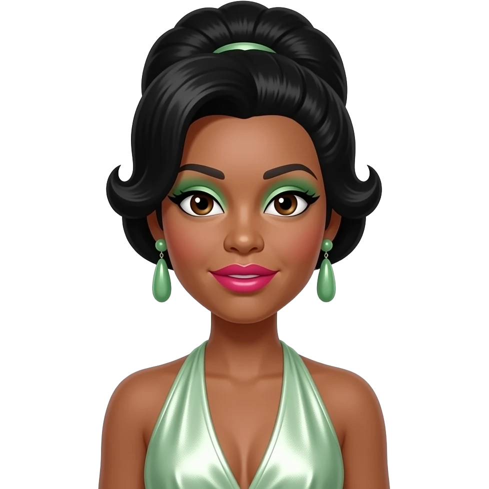 Mary Wilson from The Supremes with dark brown eyes, black beehive hair, light green eyeshadow, hot pink lipstick, light green metallic halter dress, green earrings emoji