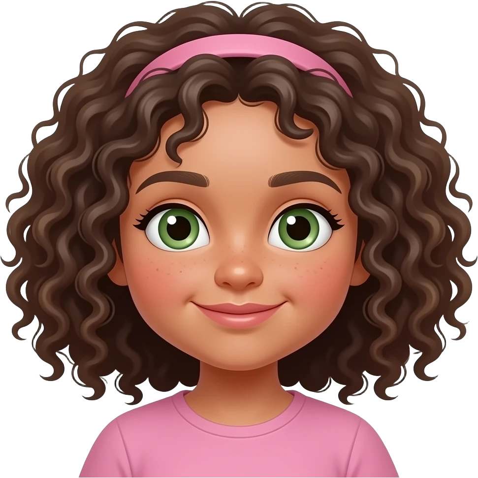 Create a fair girl with chubby cheeks and a mole on her right cheek, super curly hair and sage green eyes and emoji