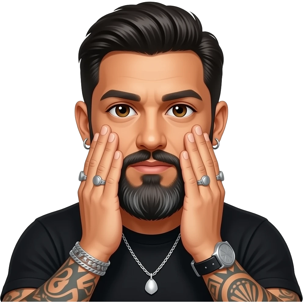 handsome, manly Latino podcast host with black colored eyes wearing black with silver jewelry, with medium length hair, a very long, lightly graying beard and tattoos, his ear and nose pierced. Face palms emoji