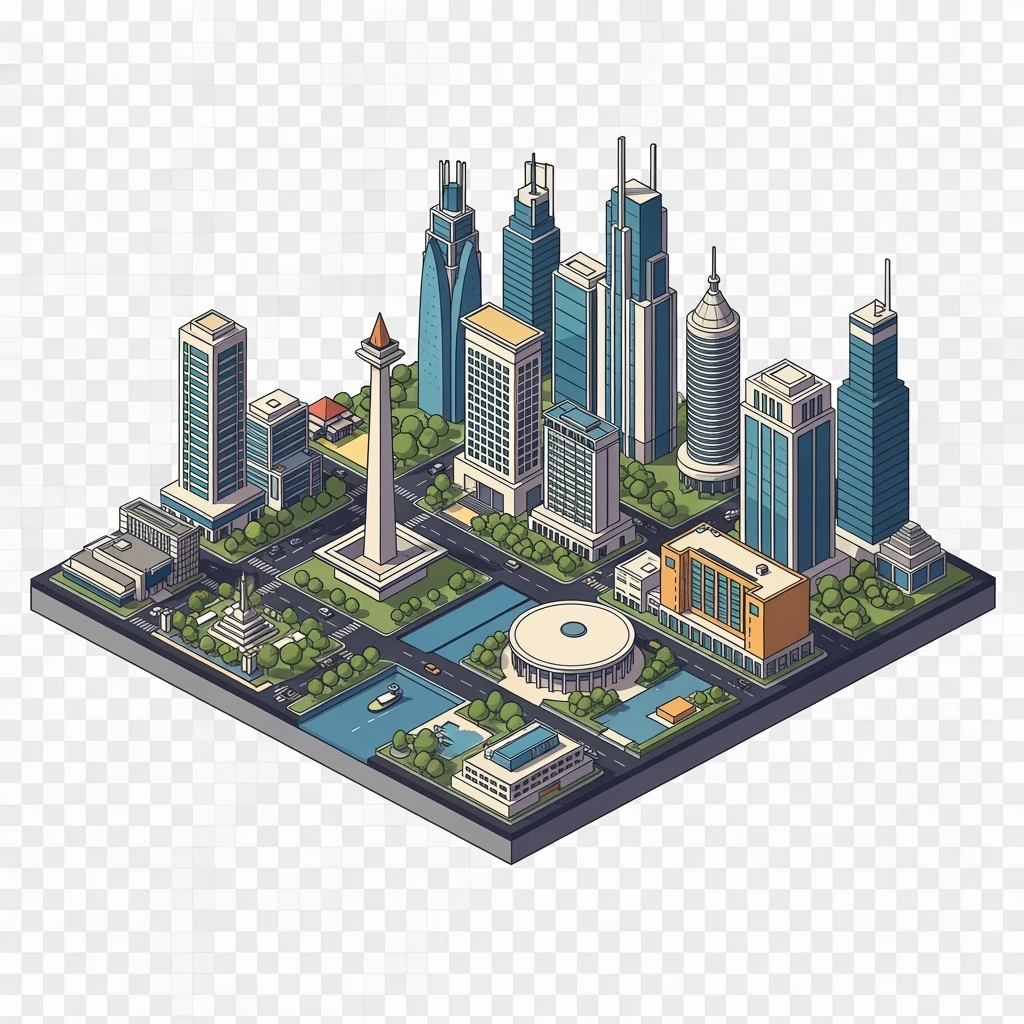 Isometric minimalistic illustration of Jakarta subtle 3D miniature effect and Tilt Shift effect, no cartoonish look, transparent background. emoji