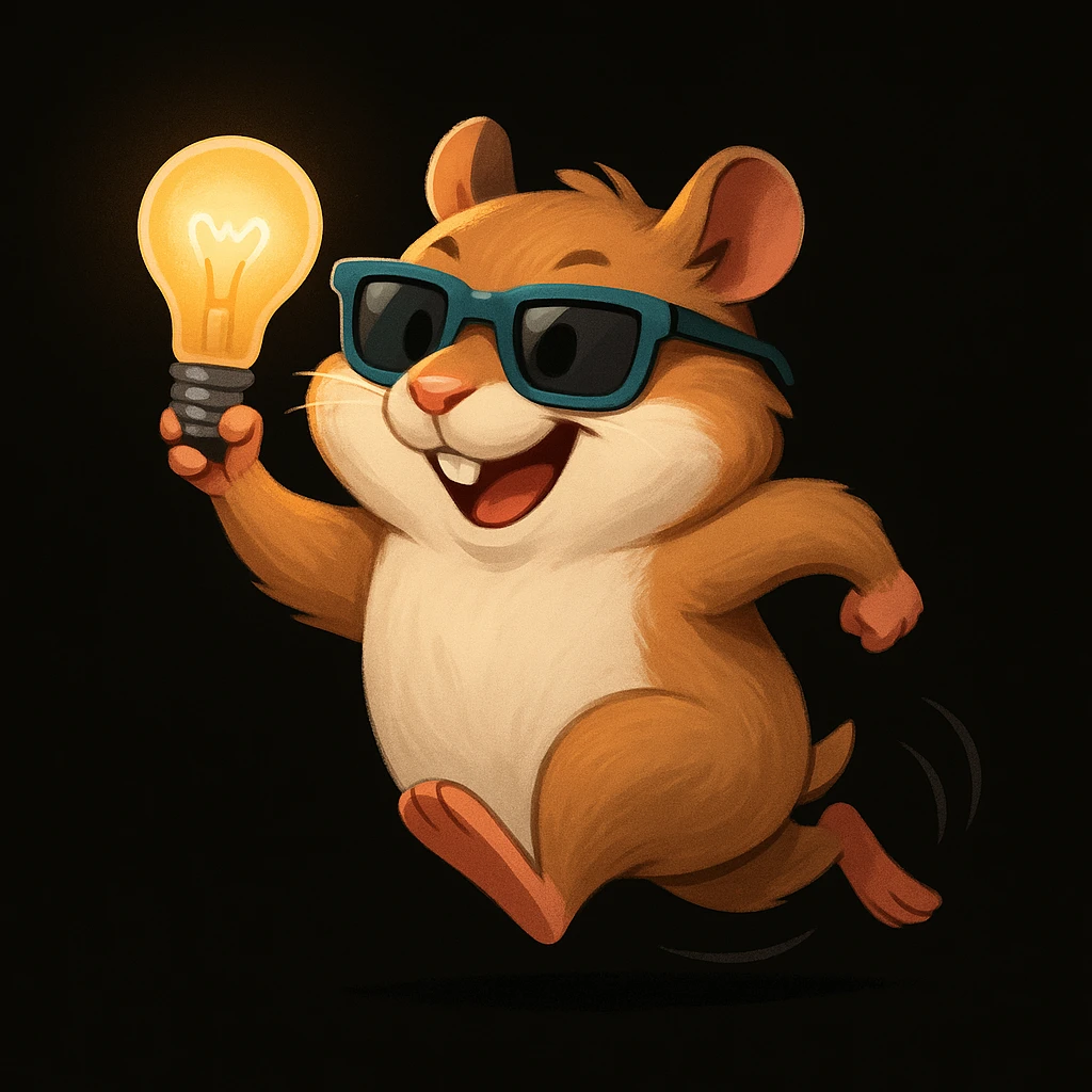 a modern, semi-realistic hamster with cool glasses and a lightbulb, running energetically, inspired by the provided reference, on a solid black background emoji