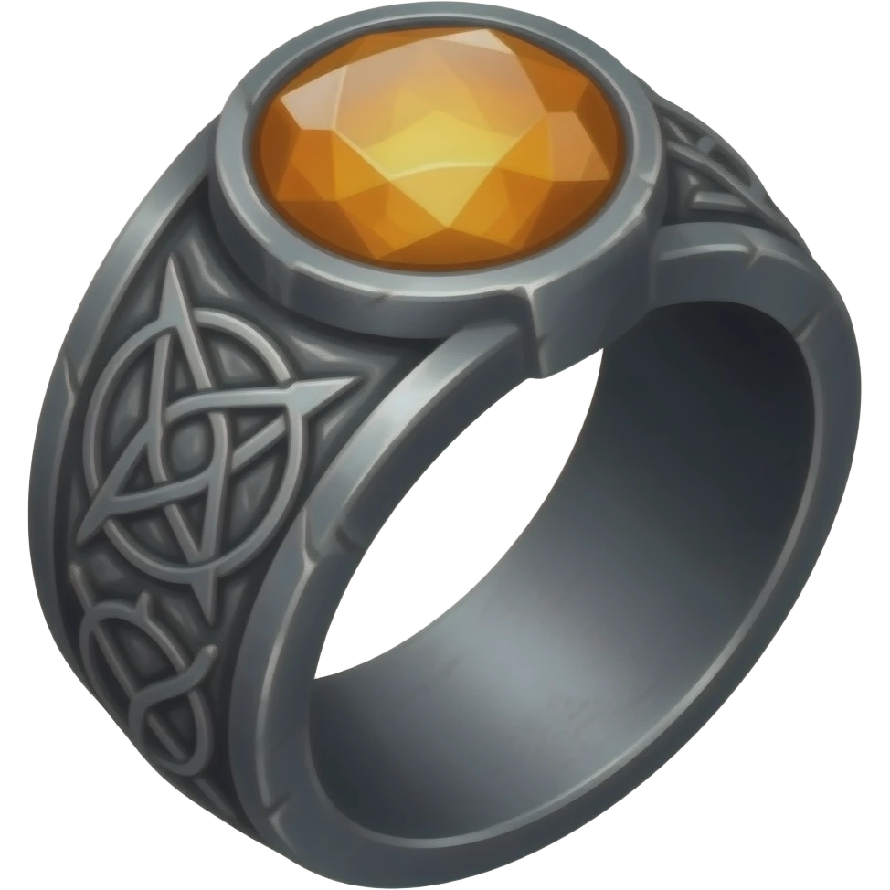 A runic ring meant for dark warlocks, dark and ominous with strange occult markings. Make it foreboding, maybe with a dark grey and orange gem emoji