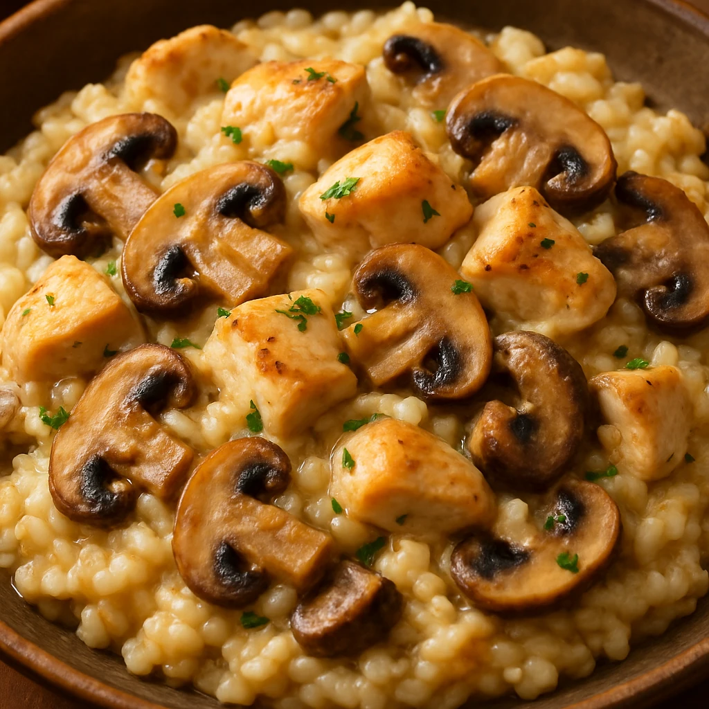 a close-up of chicken mushroom risotto with visible mushrooms and chicken pieces, warm and inviting emoji