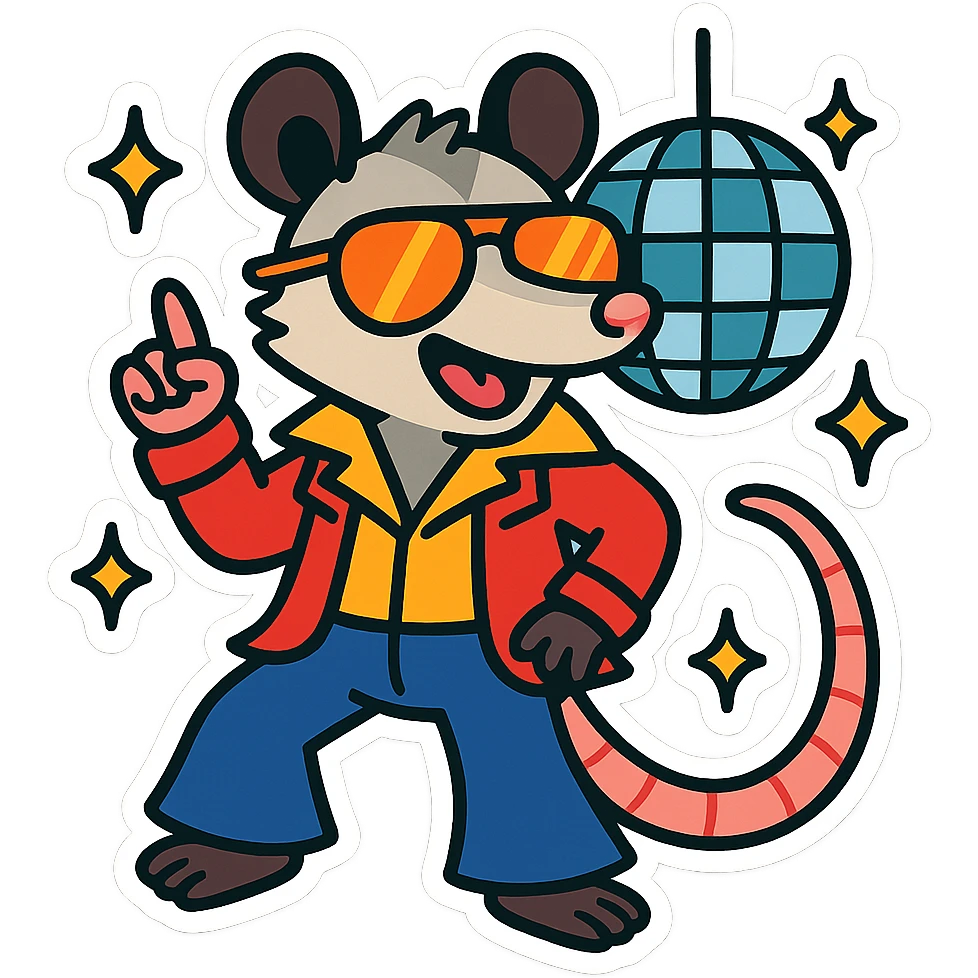cute cartoon possum dressed up for the disco with a disco ball, sticker-like style emoji