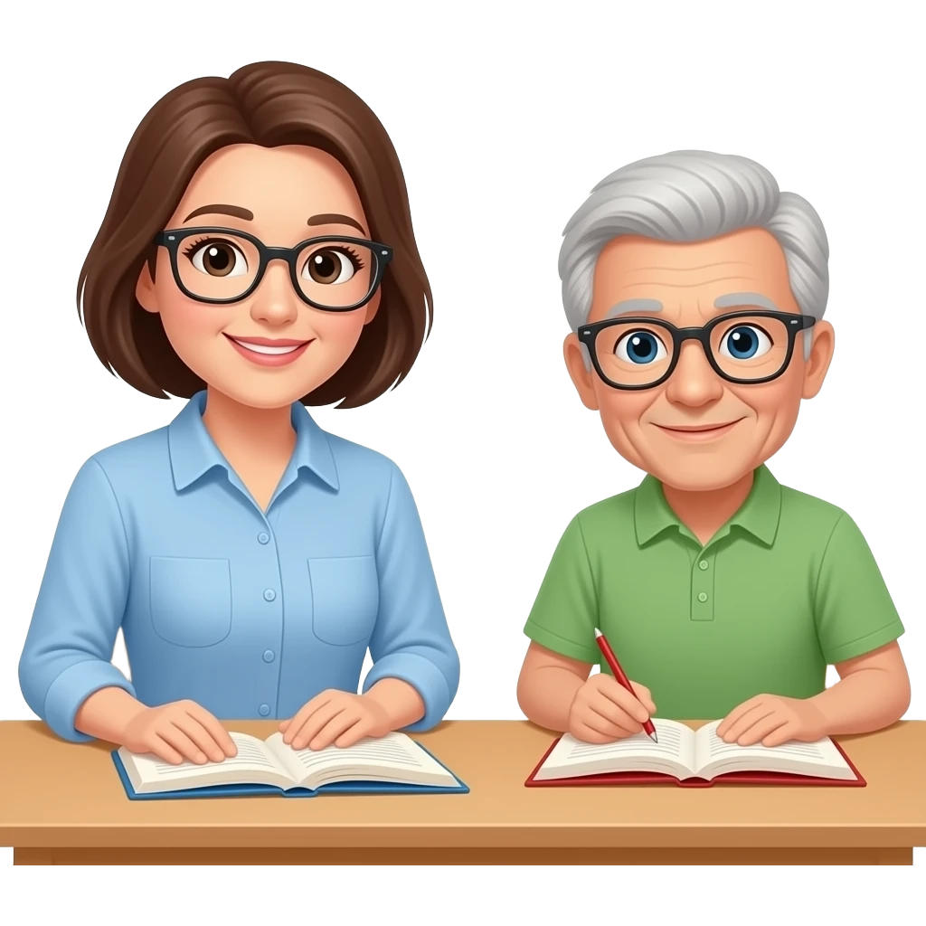 adult teaching an older adult to read sitting at a desk emoji