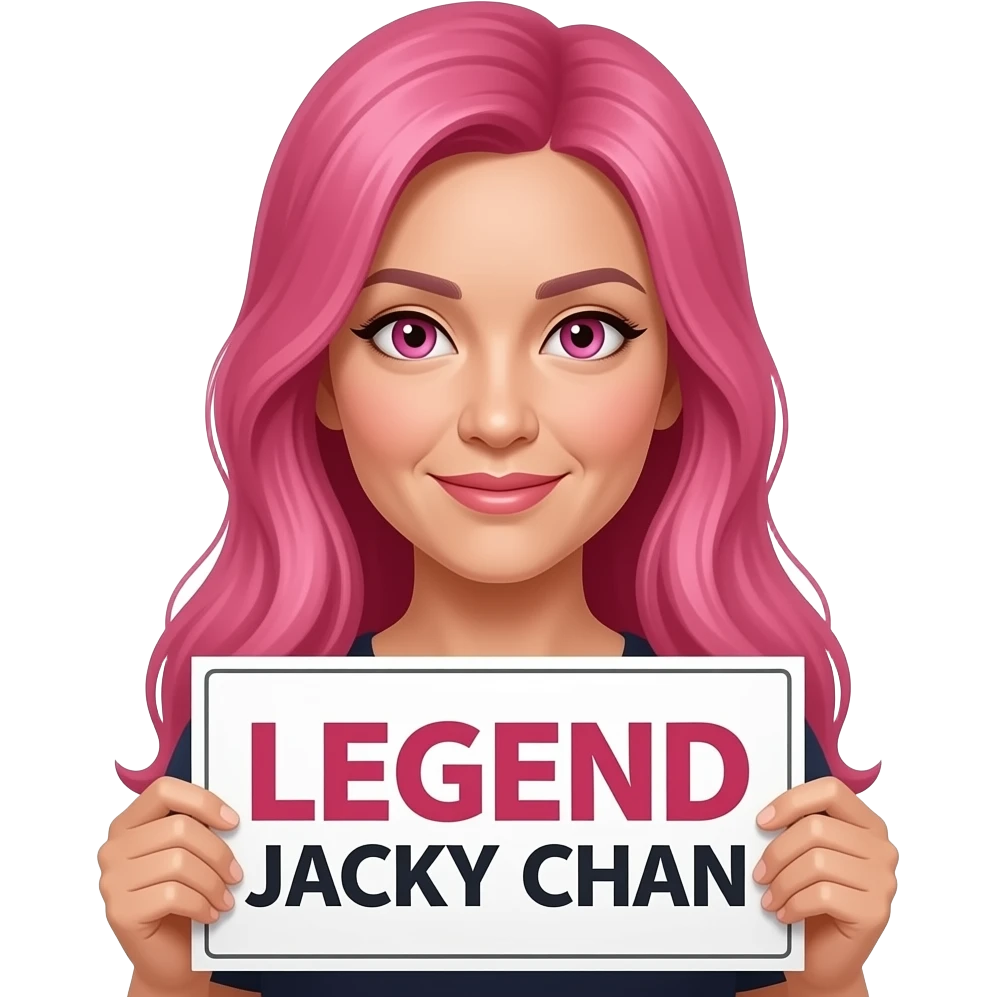 sexy girl with long pink hair and pink eyes holding LEGEND JACKY CHAN sign emoji