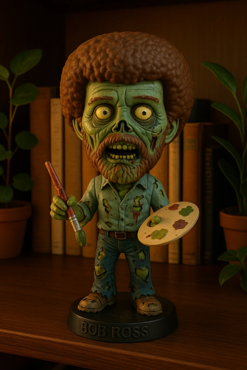 Bob Ross as a zombie, holding a paintbrush, with greenish skin and tattered clothes, cartoon style emoji