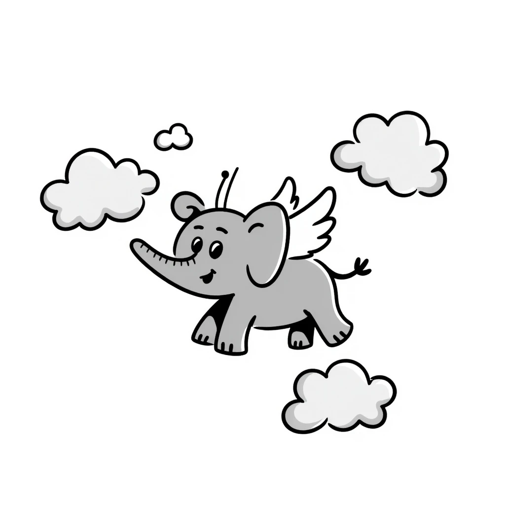 an elephant in heaven, hand drawn doodle style, with angel wings and clouds emoji