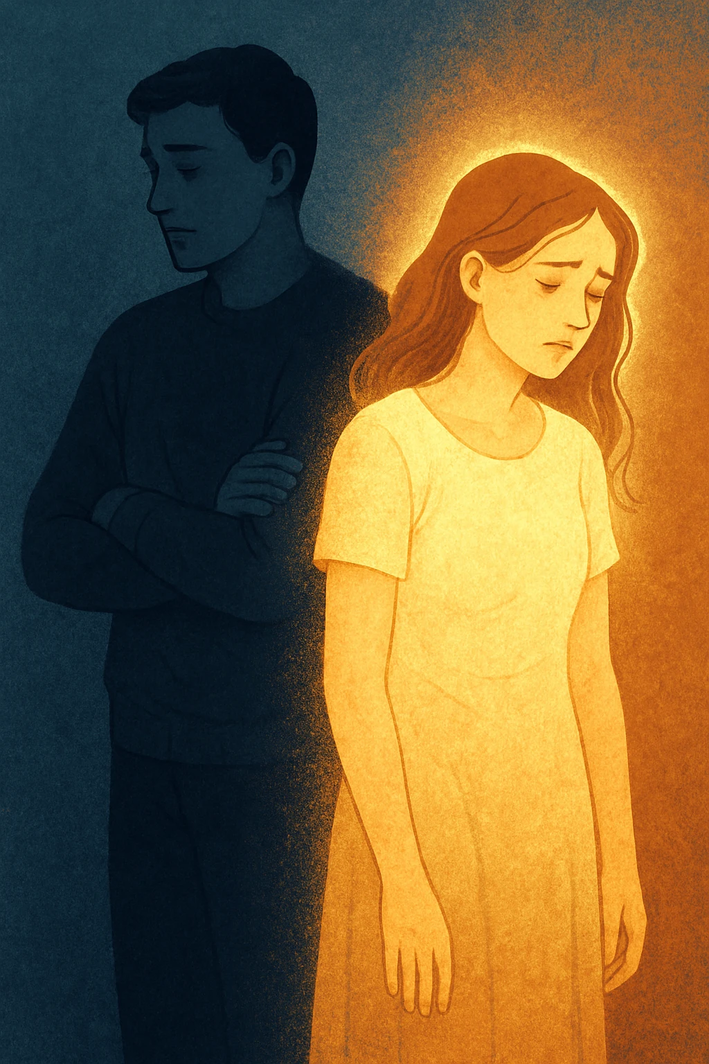 Vertical format: A woman with a glowing aura being overshadowed by a shadow coming from the man next to her, he has a closed posture and a lost gaze, she looks visibly fatigued. emoji