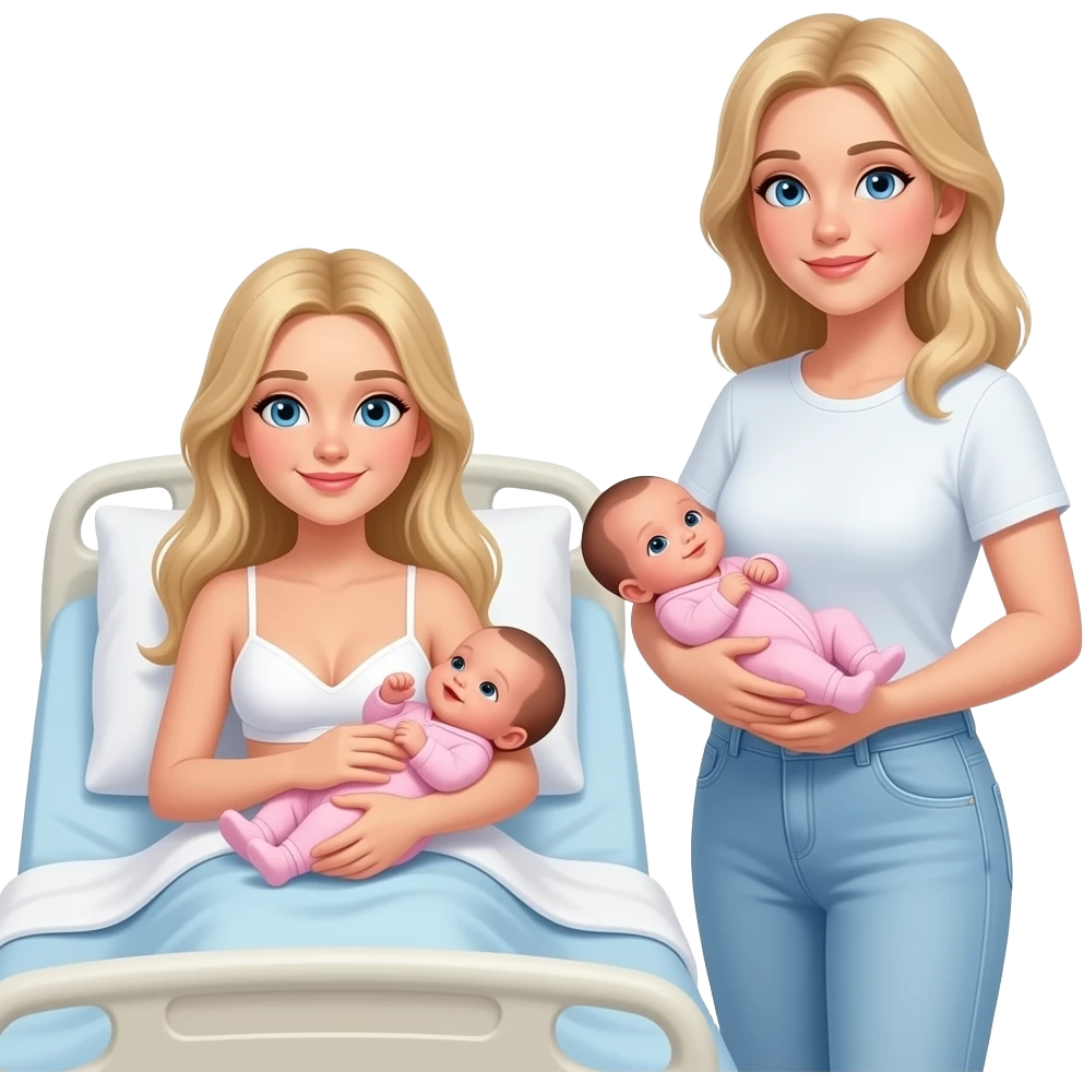in hospital bed in blanket 17 year old Woman with long blonde hair, and light blue eyes, wearing white bra and light blue baggy jeans with skinny body, holding newborn girl wearing pink onesies, with 38 year old mom with blonde hair and blue eyes holding baby girl on waist, standing beside bed emoji