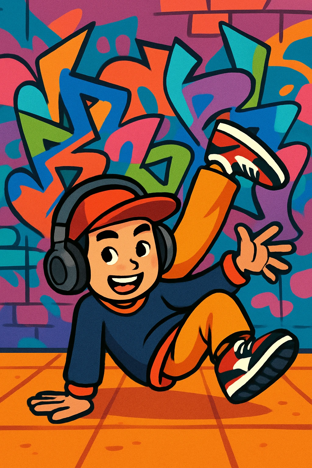 hip hop Chinese American character breakdancing, wearing headphones, graffiti background, stylish sneakers, vibrant cartoon style emoji