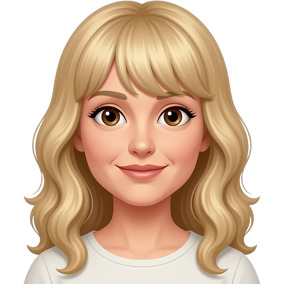 Middle age Lady, wavy long mid length golden blond hair with bangs, big brown eyes ,medium built emoji