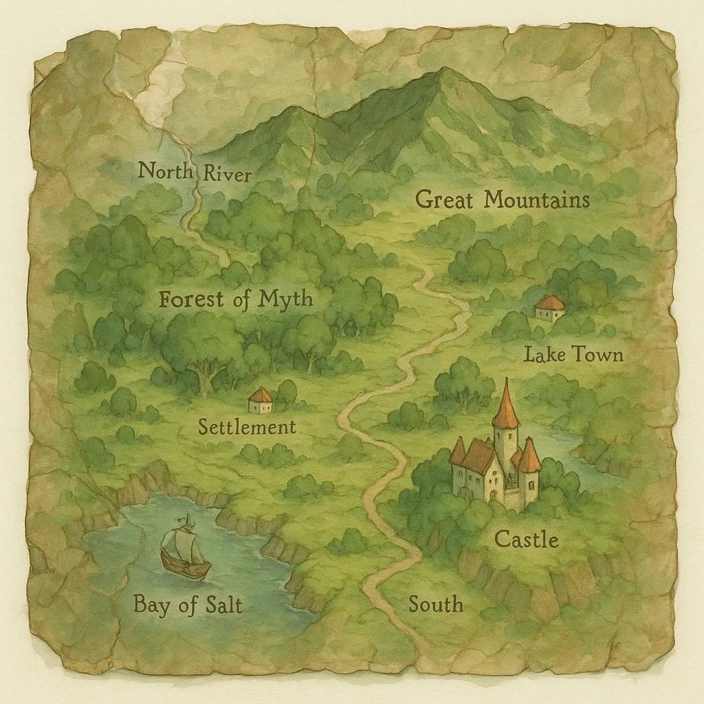 realistic crinkled and water damaged map, natural colors, soft, fairy-like atmosphere, no background, square size emoji