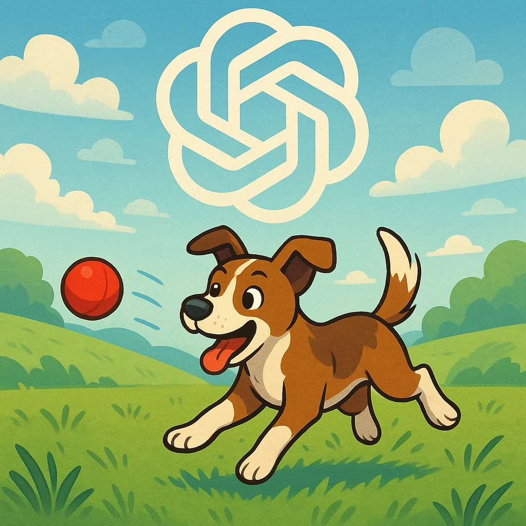 gpt image logo on the background of a dog chasing ball emoji