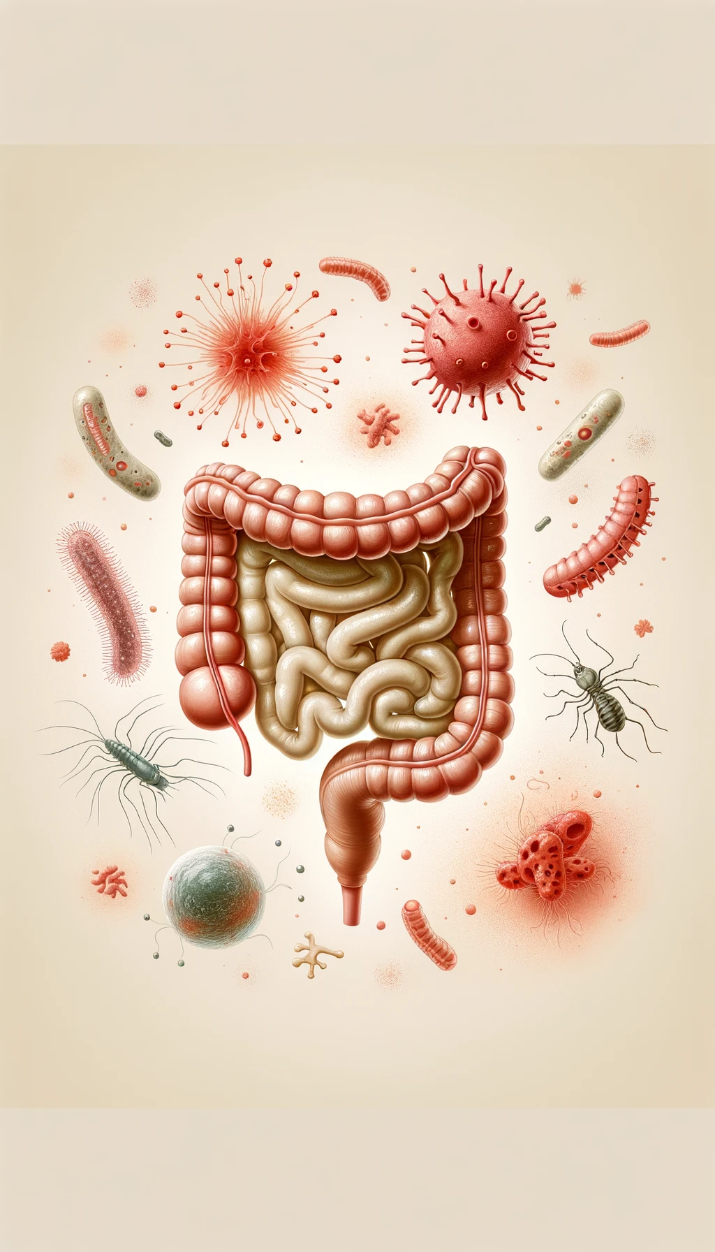 intestino umano anatomico con batteri e parassiti che gli fluttuano dietro, sfondo beige chiaro emoji
