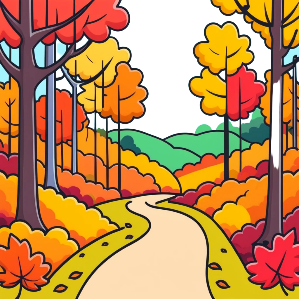autumn forest with vibrant, multicolored leaves, trees, and a path emoji