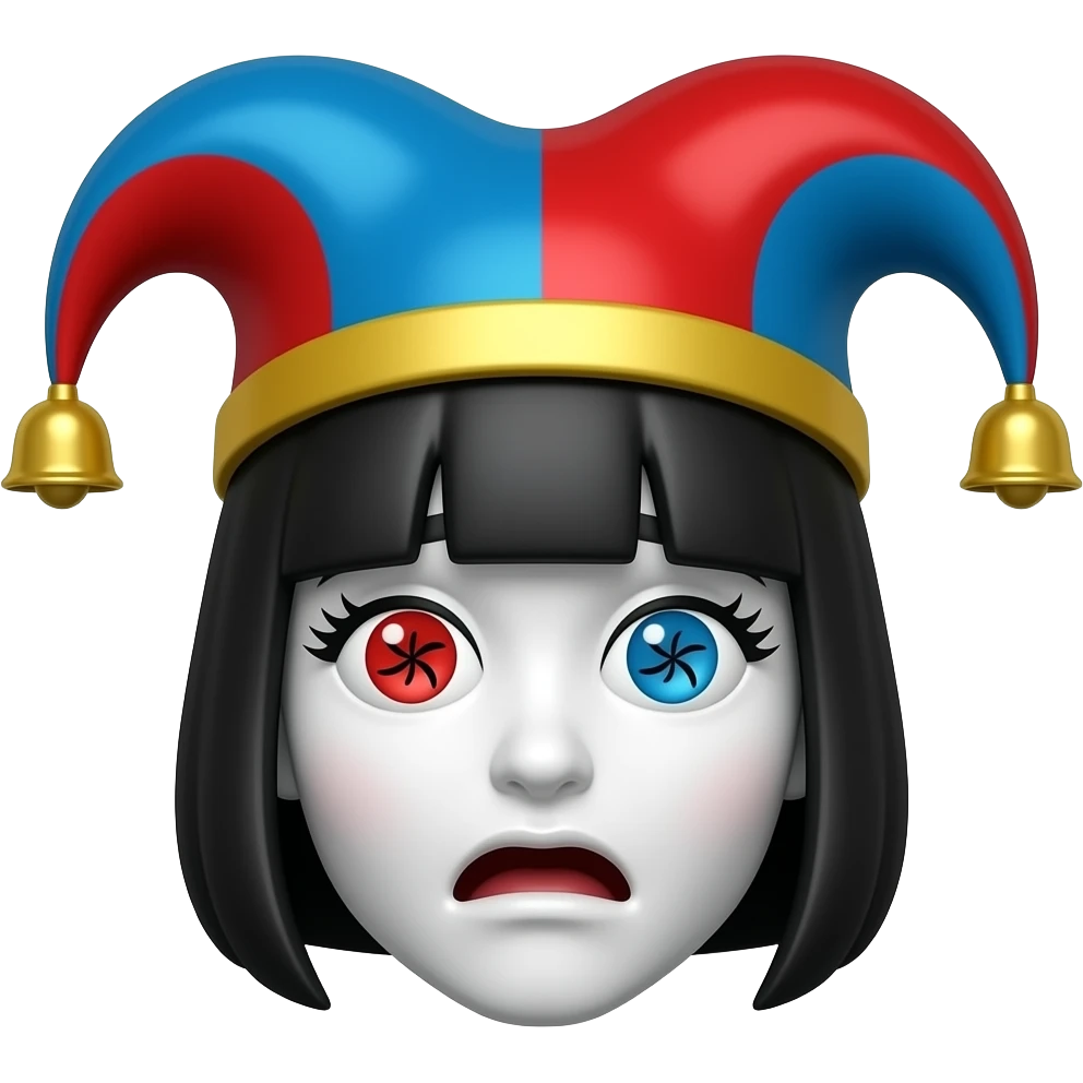 Pomni has a white face with red and blue pinwheel eyes and asymmetrical lashes. She wears a short black bob under a red and blue striped jester hat with two bells and a yellow brim. When panicked, her pupils turn into scribbles. emoji