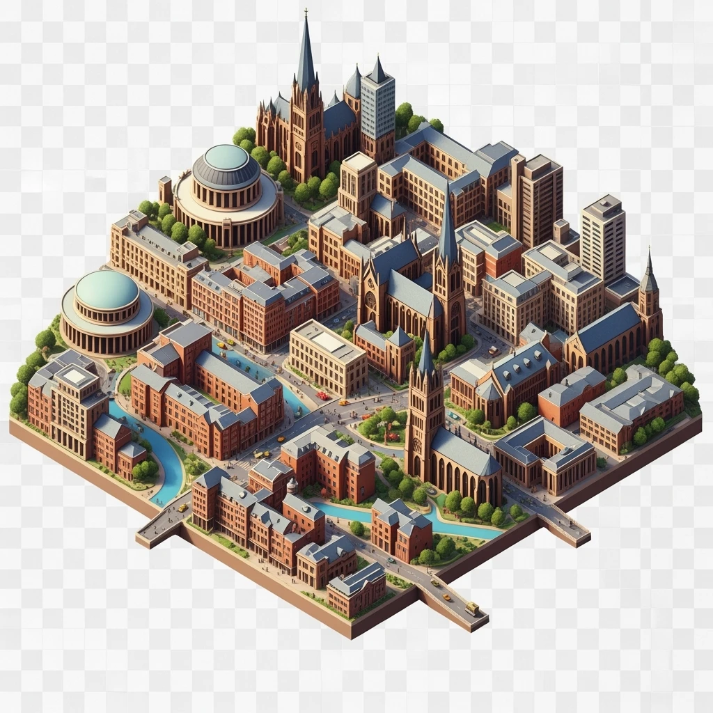 Isometric illustration of Birmingham, balanced between stylized and realistic, 3D miniature effect, transparent background. emoji