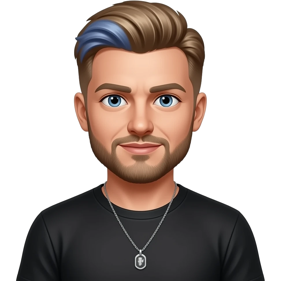 Ben Phillips from The Sorrybro Crew with blue eyes, golden brown hair with periwinkle dyed and short beard, black metallic T-shirt, necklace emoji