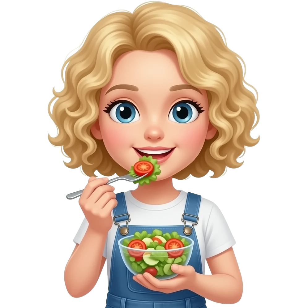 blonde tight curly hair in a short bob eating a salad in a jumpsuit emoji