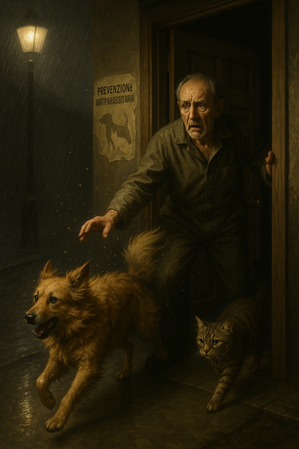 Un uomo anziano in tuta da lavoro, con espressione angosciata, tiene aperta la porta di casa mentre il suo cane (un meticcio a pelo lungo) e il gatto (soriano) scappano nella strada buia sotto la pioggia. Particelle di polvere/pulci fluttuano nell'aria illuminata dal lampione. Sullo sfondo, un poster strappato del veterinario con scritto 'Prevenzione antiparassitaria'. Stile fotorealistico, illuminazione Caravaggesca, toni grigi e ocra. in italiano emoji
