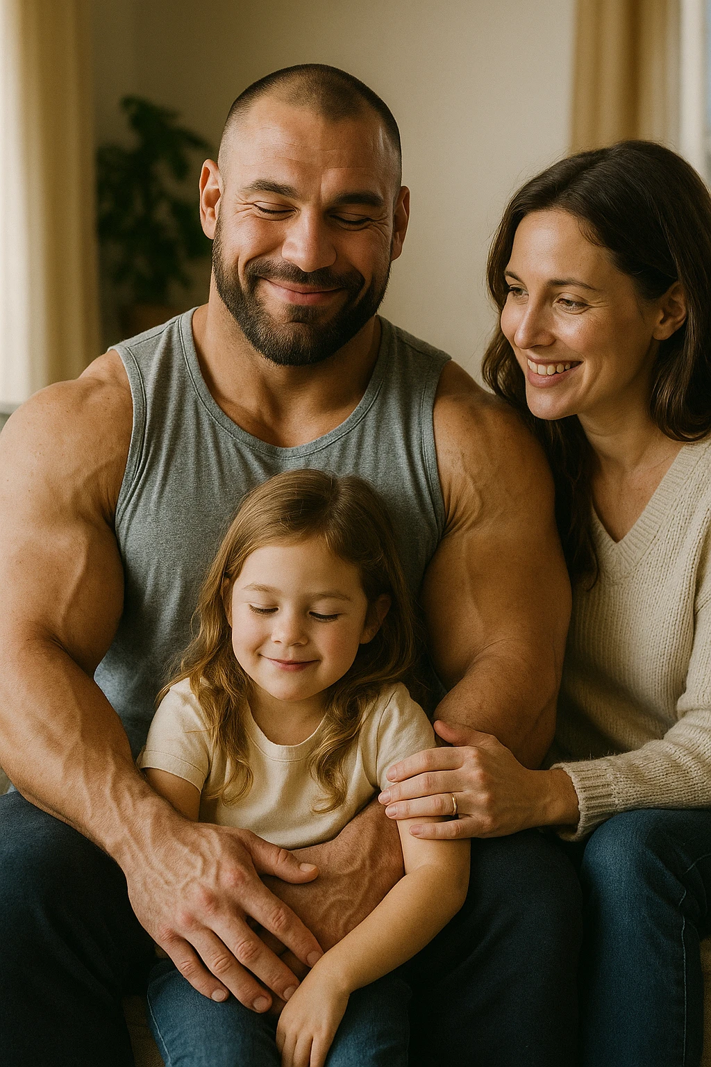 realistic vertical scene of a smiling and serene bodybuilder with family, cozy and warm environment, 2:3 aspect ratio emoji