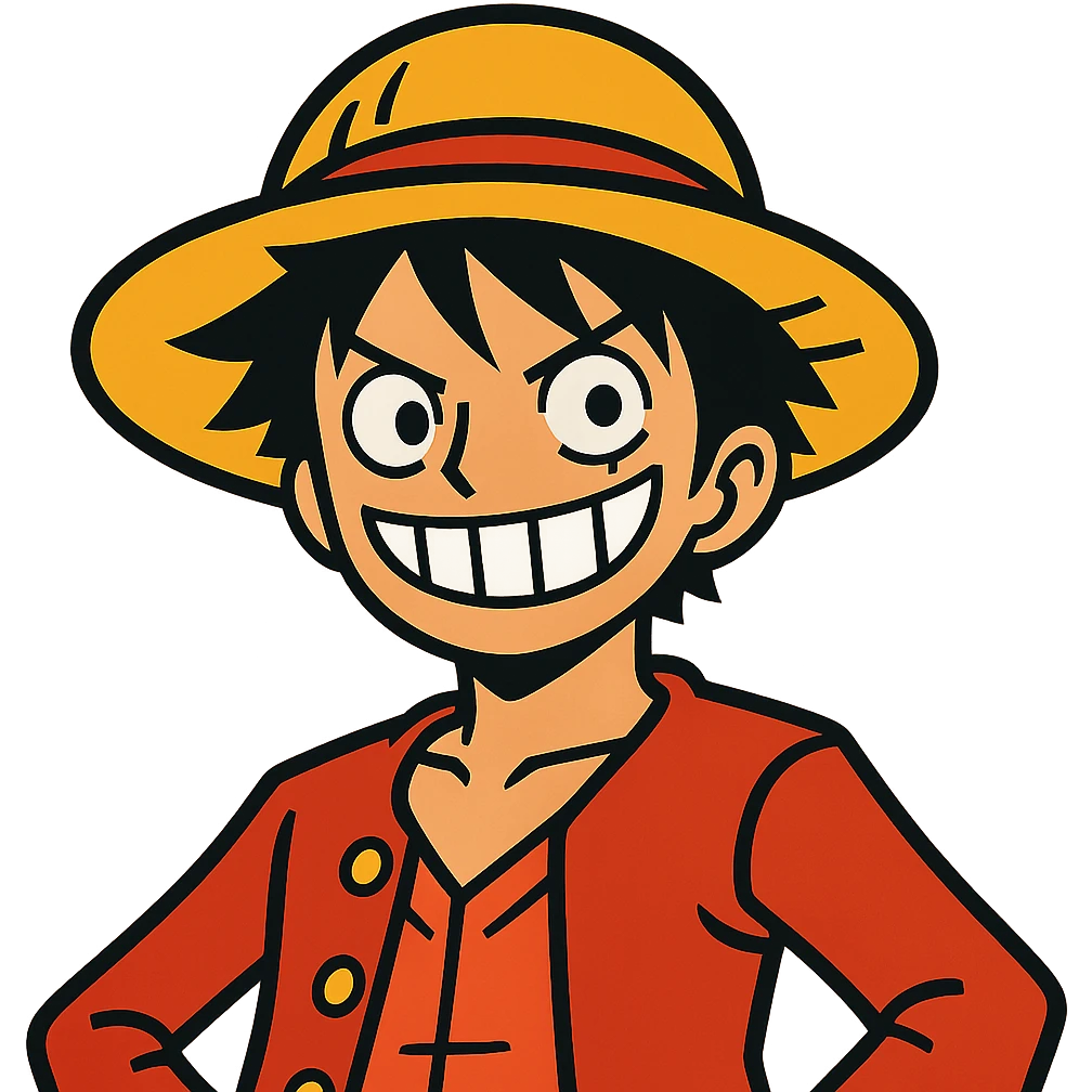 Luffy smiling confidently, straw hat tilted forward, vibrant toon style emoji