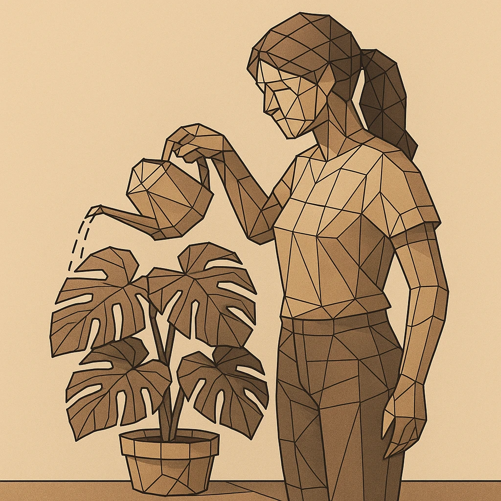 woman watering her monstera plant emoji